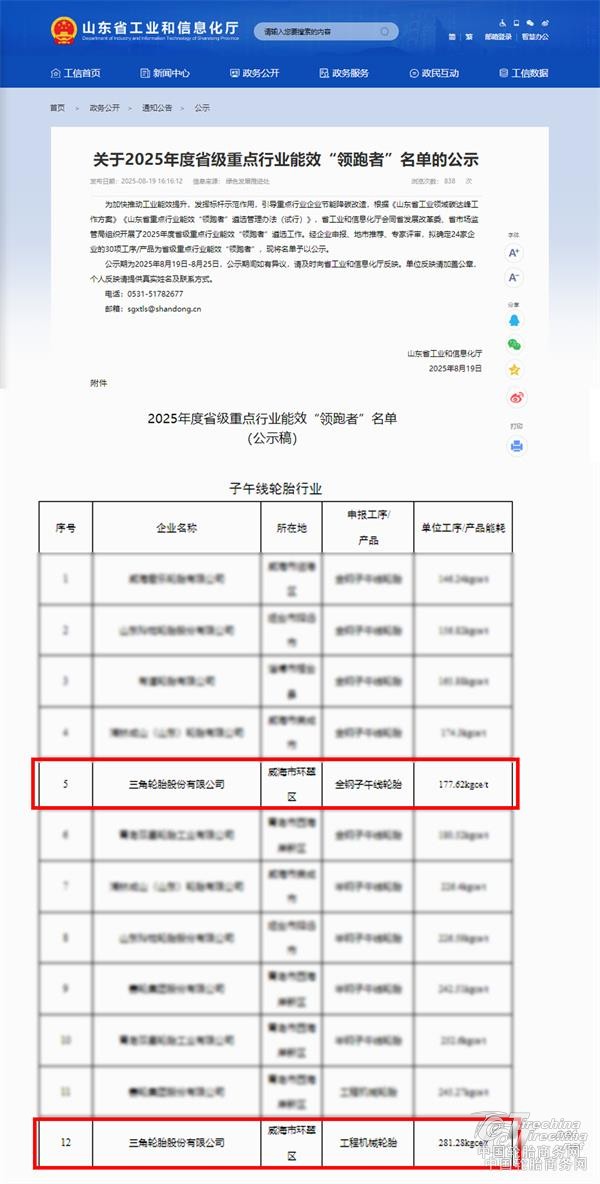 三角轮胎，入选能效“领跑者”名单