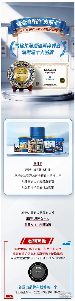 雪佛龙润滑油再度蝉联LubTop大奖